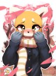  &lt;3 2017 aggressive_retsuko anthro black_nose blush burgerkiss clothed clothing female gloves hi_res looking_at_viewer mammal red_panda retsuko sanrio scarf solo 