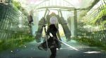  black_dress boots chromatic_aberration dress feather-trimmed_sleeves from_behind glowing glowing_eyes grass highres holding holding_sword holding_weapon light_particles nier_(series) nier_automata outdoors overgrown pod_(nier_automata) red_eyes robot short_hair silver_hair sword tarbo_(exxxpiation) thigh_boots thighhighs weapon weapon_on_back yorha_no._2_type_b 