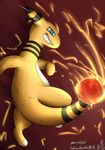  2017 ampharos asbel_lhant attack ball electricity gem grin invalid_tag looking_at_viewer nintendo pok&eacute;mon pose simple_background smile solo video_games 