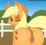  &lt;3 absurd_res an-tonio animal_genitalia animal_pussy anus applejack_(mlp) blonde_hair butt clitoris colored dock earth_pony edit equine equine_pussy female fence feral friendship_is_magic green_eyes hair hat hearlesssoul hi_res horse looking_at_viewer looking_back mammal my_little_pony outside pony pussy rear_view solo 