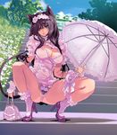  animal_ears black_hair blue_eyes breasts cat_ears cat_tail cleavage high_heels large_breasts leg_garter long_hair looking_at_viewer mamecchi neko_no_wakusei original panties parasol partially_visible_vulva pubic_hair solo squatting tail thong umbrella underwear 