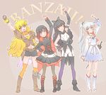  blake_belladonna commentary ember_celica_(rwby) english gambol_shroud iesupa multiple_girls myrtenaster navel pantyhose ruby_rose rwby shorts weapon weiss_schnee yang_xiao_long 