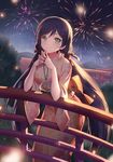  4b aerial_fireworks bag bagged_fish blush closed_mouth fireworks fish floral_print goldfish japanese_clothes kimono leaning_forward long_hair looking_at_viewer love_live! love_live!_school_idol_project low_twintails night outdoors smile solo steepled_fingers summer_festival torii toujou_nozomi twintails very_long_hair yukata 