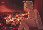  ahoge architecture arm_support bangs blonde_hair breasts burning chiton cityscape collarbone commentary_request crossed_legs fate/extra fate_(series) fire greco-roman_architecture green_eyes hair_intakes kuro_(zhurunbo1997) large_breasts looking_at_viewer nero_claudius_(fate) nero_claudius_(fate)_(all) parted_lips scenery short_hair sitting smile solo 