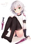  :3 artist_logo artist_name bandaged_arm bandages bangs black_gloves black_legwear blush buruma cat closed_mouth crossed_bangs dagger dual_wielding eyebrows_visible_through_hair facial_scar fate/apocrypha fate_(series) fingerless_gloves gloves green_eyes gym_uniform highres holding jack_the_ripper_(fate/apocrypha) knees_up looking_at_viewer nahaki name_tag scar scar_across_eye scar_on_cheek short_hair short_sleeves signature silver_hair simple_background sitting smile solo thighhighs thighs weapon white_background |_| 