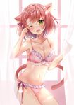  animal_ears arms_up bangs bare_shoulders bell blush bow bow_bra bra breasts cat_girl cleavage fang green_eyes hair_ornament hairclip hand_on_own_face medium_breasts navel one_eye_closed open_mouth original panties pink_bow pink_hair sakura_hiyori see-through short_hair solo striped striped_bra striped_panties tail tears underwear 