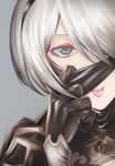  :p black_dress black_hairband blindfold blindfold_lift cleavage_cutout dress eyelashes face grey_background hair_between_eyes hair_over_one_eye hairband juliet_sleeves katou_takaaki long_sleeves nier_(series) nier_automata no_mole one_eye_covered puffy_sleeves short_hair silver_hair simple_background solo tongue tongue_out turtleneck upper_body white_hair yorha_no._2_type_b 