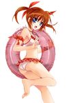  :d arm_ribbon ass barefoot bikini bikini_skirt blue_eyes bow breasts brown_hair extraction hair_bow hair_ribbon innertube leg_up long_hair looking_at_viewer lyrical_nanoha open_mouth pink_bikini red_ribbon ribbon small_breasts smile solo standing swimsuit takamachi_nanoha transparent transparent_background twintails 