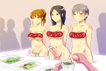  3girls arms_behind_back black_hair bottomless breasts brown_eyes brown_hair cleavage cum_on_food erection full-package_futanari futanari grey_hair lineup long_hair multiple_girls penis ponytail purple_eyes small_breasts smile standing translated 