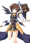  blue_eyes brown_hair cross_(crossryou) fingerless_gloves gloves lyrical_nanoha magical_girl mahou_shoujo_lyrical_nanoha_strikers short_hair simple_background staff tome_of_the_night_sky wings yagami_hayate 