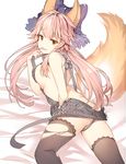  aile_(crossroads) alternate_costume animal_ears backless_outfit bangs bare_arms bare_shoulders black_legwear black_panties bow breasts commentary_request dress fate/extra fate_(series) fox_ears fox_tail from_behind hair_bow hair_ribbon halterneck lace lace-trimmed_thighhighs large_breasts long_hair looking_at_viewer looking_back low_twintails meme_attire naughty_face orange_eyes panties pink_hair purple_bow purple_ribbon ribbon sideboob solo sweater sweater_dress tail tamamo_(fate)_(all) tamamo_no_mae_(fate) thighhighs tongue tongue_out torn_clothes torn_legwear twintails underwear virgin_killer_sweater 