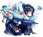  bad_id bad_pixiv_id black_hair blood bloody_clothes blue_eyes branch camellia cuts flower full_body hakama haori houhou_(black_lack) injury japanese_clothes katana male_focus one_knee petals ponytail sandals scarf shinsengumi snow sword tabi touken_ranbu weapon yamato-no-kami_yasusada 