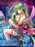  adjusting_hair breasts bucket cleavage green_hair hobak jewelry large_breasts legband long_hair looking_at_viewer mole mole_under_eye necklace official_art parted_lips petals pointy_ears purple_eyes rope sash see-through silk sitting soaking_feet tenka_touitsu_chronicle very_long_hair water watermark 
