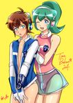  1girl blue_eyes bokan_brace briefs brown_hair bulge calen_(time_bokan) copyright_name covering covering_crotch cowboy_shot futa_with_male futanari gloves green_eyes green_hair headset implied_futanari jacket leotard male_underwear naiya one_eye_closed open_clothes open_jacket open_mouth pink_leotard ponytail see-through signature simple_background skirt sleeveless smile time_bokan_(series) time_bokan_24 tokio_(time_bokan) underwear white_briefs yellow_background 