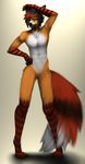  5_fingers angiewolf anthro canine clothing digitigrade featureless_crotch fluffy fluffy_tail fox front_view girly half-closed_eyes jags legwear male mammal nude raised_arm simple_background smile standing striped_armwear striped_legwear stripes white_background yellow_eyes 