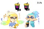  1boy 1girl aqua_hair bangs beanie blonde_hair blue_eyes blunt_bangs breasts commentary_request dated domino_mask drinking drinking_straw fangs flailing gameplay_mechanics hair_ornament hat inkling large_breasts long_hair mask minamidena nintendo open_mouth pointy_ears shirt short_hair smile soft_drink splatoon splatoon_(series) splatoon_2 striped striped_shirt sweatdrop t-shirt tentacle_hair ticket translation_request yellow_eyes 