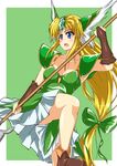  absurdres blonde_hair blue_eyes boots bow breasts brown_footwear dress forehead_jewel gloves green_bow green_dress hair_bow helmet highres holding holding_weapon long_hair low-tied_long_hair polearm riesz sangyou_haikibutsu_a seiken_densetsu seiken_densetsu_3 solo spear very_long_hair weapon 