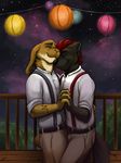  canine dancing fur hair holding_(disambiguation) jackaloo lagomorph lanterns male male/male mammal markings piercing plant rabbit romantic romantic_couple smile space star whiskers wolf wood 