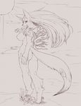  2017 amaterasu anthro anthrofied big_breasts breasts butt canine claws deity fdokkaku female flower hair long_hair looking_at_viewer looking_back mammal monochrome nude plant side_boob smile solo sun video_games ōkami 