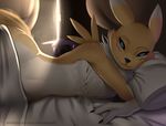  2017 anthro bed bedding bedroom_eyes black_nose black_sclera blanket blue_eyes canine chest_tuft claws digimon digital_media_(artwork) doomthewolf female fox fur half-closed_eyes hi_res light looking_at_viewer lying mammal midriff neck_tuft nude on_bed on_side pillow renamon seductive seductive_smile smile solo tuft under_covers white_fur wide_hips yellow_fur 