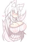 animal_ear_fluff animal_ears blush breasts brown_eyes cleavage cleavage_cutout covered_nipples fox_ears fox_tail highres inverted_nipples large_breasts long_hair mamuru meme_attire open-chest_sweater original ribbed_sweater simple_background solo sweater tail white_background white_hair 