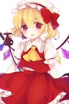  :d ascot blonde_hair blouse blush bow cowboy_shot crystal eyebrows_visible_through_hair flandre_scarlet frilled_skirt frills hair_bow hat highres laevatein looking_at_viewer maccha_(hatsune) mob_cap open_mouth puffy_short_sleeves puffy_sleeves red_eyes red_skirt red_vest short_hair short_sleeves side_ponytail skirt skirt_set smile solo touhou vest white_background white_blouse white_hat wings yellow_neckwear 