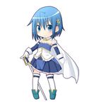  blue_eyes blue_hair blue_skirt blush detached_sleeves holding holding_sword holding_weapon kneehighs mahou_shoujo_madoka_magica miiyon miki_sayaka short_hair skirt smile solo sword weapon white_legwear 