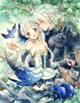  1girl armor bird black_armor blue_eyes breasts choker cleavage collarbone couple dress feathered_wings feathers gloves gwendolyn hetero holding_hands leaf long_hair looking_at_another nesu_(nsm888) odin_sphere open_mouth oswald_(odin_sphere) red_eyes short_hair sitting sitting_on_lap sitting_on_person small_breasts smile tree white_hair wings 