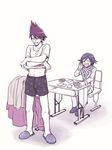  black_hair card checkered checkered_scarf clothes_removed danganronpa facial_hair gambling goatee leg_hair male_focus momota_kaito multiple_boys new_danganronpa_v3 open_mouth ouma_kokichi pale_face pants playing_card playing_games purple_eyes purple_hair scarf school_uniform shame simple_background slippers smile space_print spiked_hair starry_sky_print straitjacket undressing 