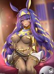  blush bracelet breasts cameltoe dark_skin earrings egyptian egyptian_clothes facial_mark fate/grand_order fate_(series) hairband highres jewelry kanachirou large_breasts long_hair looking_at_viewer nitocris_(fate/grand_order) purple_eyes purple_hair shiny shiny_skin solo very_long_hair 