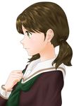  absurdres arm_at_side brown_eyes brown_hair brown_serafuku clenched_hand dreamers0078 green_neckwear hair_tie hand_on_own_chest hand_up hibike!_euphonium highres long_sleeves looking_away nape neckerchief ogasawara_haruka profile sailor_collar school_uniform serafuku short_hair short_twintails simple_background solo tied_hair twintails white_background white_sailor_collar 