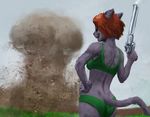  2017 anthro bikini bra butt clothed clothing dust efudek explosion feline female fur grey_fur gun hair hand_on_hip handgun mammal ranged_weapon rear_view red_hair revolver smile solo swimsuit underwear weapon 