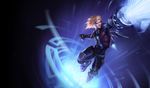  arm_cannon blonde_hair boots clenched_hand cybernetic_eye cyborg ezreal league_of_legends male_focus official_art pulsefire_ezreal solo vest weapon 