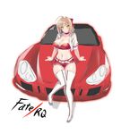  ahoge arm_support belt blonde_hair blush boots bow breasts bustier car choker cleavage fate/extra fate_(series) full_body green_eyes ground_vehicle hair_bow hair_intakes highres large_breasts looking_at_viewer motor_vehicle navel nero_claudius_(fate) nero_claudius_(fate)_(all) on_vehicle race_queen red_shorts short_hair short_shorts shorts sitting smile thigh_boots thighhighs white_footwear white_legwear wing_(wingxx01w) zipper 