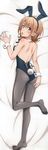  absurdres animal_ears ass bare_back black_hairband black_legwear black_leotard breasts bunny_ears bunny_tail bunnysuit dakimakura eyebrows_visible_through_hair fake_animal_ears from_above full_body hairband highres isshiki_iroha leg_up leotard looking_at_viewer looking_back lying no_shoes official_art open_mouth pantyhose shiny shiny_clothes shiny_skin simple_background small_breasts solo strapless strapless_leotard tail tanaka_yuuichi wrist_cuffs yahari_ore_no_seishun_lovecome_wa_machigatteiru. yellow_eyes 