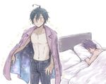  ahoge bed bed_sheet black black_hair borrowed_garments clothes_theft danganronpa eyelashes implied_yaoi jacket_on_shoulders male_focus messy_hair momota_kaito multiple_boys new_danganronpa_v3 pale_skin pinstripe_pattern saihara_shuuichi shirtless sleeping smile snoring sparkle striped teardrop theft under_covers yaoi yellow_background yellow_eyes zzz 