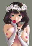  3: bangs braid breasts brown_hair closed_mouth daisy elbow_gloves eyebrows_visible_through_hair flower flower_wreath gloves green_eyes grey_background hands_up head_wreath highres holding holding_hair long_hair looking_at_viewer looking_to_the_side medium_breasts nipples nude original red_flower red_rose rose sasaki_tamao simple_background solo tsurime twin_braids upper_body white_flower white_gloves 