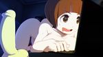  :d all_fours ass bangs bedroom bent_over blunt_bangs bookshelf breast_press breasts brown_eyes brown_hair collarbone commentary computer dark_room dildo drooling eyebrows_visible_through_hair highres indoors kill_la_kill laptop large_breasts mankanshoku_mako nude on_bed open_mouth saliva short_hair smile solo sparkling_eyes sticky_(stickysheep) sweatdrop 