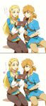  1girl blonde_hair blue_eyes blush breasts couple gloves hair_ornament hetero highres link long_hair pointy_ears ponytail princess_zelda saiba_(henrietta) sheikah_slate small_breasts smile the_legend_of_zelda the_legend_of_zelda:_breath_of_the_wild translation_request white_background 