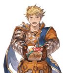  blonde_hair brown_gloves cookie food gift gloves granblue_fantasy holding holding_gift incoming_gift looking_at_viewer male_focus minaba_hideo official_art outstretched_arms solo sweatdrop transparent_background upper_body vambraces vane_(granblue_fantasy) white_day 