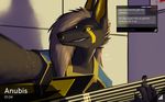  2017 anthro anu anubian_jackal anubis black_fur black_sclera canine claws clothing cybernetics deity digital_media_(artwork) egyptian fur guitar hair jackal kavaeric looking_at_viewer machine male mammal musical_instrument p700 science_fiction smile solo tagme text user_interface 