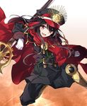  :d black_hair black_pants black_shirt cape commentary_request family_crest fang fate/grand_order fate_(series) gloves gun hat holding holding_gun holding_weapon long_hair long_sleeves military military_hat military_uniform musket oda_nobunaga_(fate) oda_uri open_mouth pants peaked_cap red_eyes shirt sidelocks smile solo tsuedzu uniform v-shaped_eyebrows weapon white_gloves 