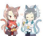  ^_^ animal_ear_fluff animal_ears bad_id bad_pixiv_id black_hair blue_fire brown_hair cat_ears cat_tail chibi closed_eyes crossover earrings eating fangs fire food food_on_face hakama haori houhou_(black_lack) ice_cream ice_cream_cone japanese_clothes jewelry jibanyan kashuu_kiyomitsu kemonomimi_mode komasan male_focus mole mole_under_eye mole_under_mouth multiple_boys nail_polish open_mouth red_eyes red_nails scarf shinsengumi simple_background smile tail tail-tip_fire touken_ranbu white_background yamato-no-kami_yasusada youkai_watch 