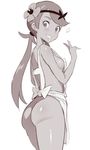  apron ass breasts covered_nipples flower from_side greyscale grin hair_flower hair_ornament long_hair looking_at_viewer looking_to_the_side mao_(pokemon) monochrome naked_apron noripachi pokemon pokemon_(game) pokemon_sm sideboob simple_background small_breasts smile solo white_background 