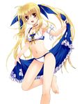  :d arm_ribbon armlet barefoot bikini blonde_hair blue_ribbon breasts cameltoe collarbone extraction eyebrows_visible_through_hair fate_testarossa floating_hair groin hair_between_eyes hair_ribbon holding leg_up long_hair looking_at_viewer lyrical_nanoha navel open_mouth red_eyes ribbon sideboob small_breasts smile solo standing swimsuit transparent_background twintails very_long_hair white_bikini white_ribbon 