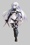  ass_visible_through_thighs black_gloves black_legwear boots brown_footwear dagger elbow_gloves full_body gloves grey_background highres long_hair navel one_eye_closed original red_eyes sakura_inu simple_background single_thighhigh solo standing stitches thighhighs torn_clothes torn_legwear very_long_hair weapon white_hair 