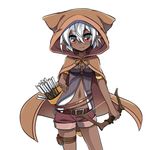  armlet arrow bow_(weapon) cloak dark_skin highres holster hood hooded_cloak looking_at_viewer mole mole_under_eye navel original quiver red_eyes shirasu_youichi short_hair shorts silver_hair simple_background solo thigh_holster weapon 