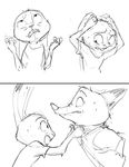  2017 anthro black_and_white canine clothed clothing comic disney duo female fox judy_hopps lagomorph male mammal monochrome nick_wilde rabbit shirt_grab simple_background sprinkah stressed sweat sweatdrop white_background zootopia 