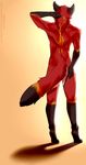  5_fingers angiewolf anthro bare_back canine digitigrade fox fur male mammal nude red_fur simple_background solo standing 