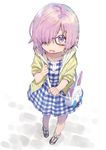  alternate_costume bag checkered checkered_dress dress fate/grand_order fate_(series) fou_(fate/grand_order) glasses hair_over_one_eye highres jacket lavender_hair mash_kyrielight purple_eyes shirabi solo younger 